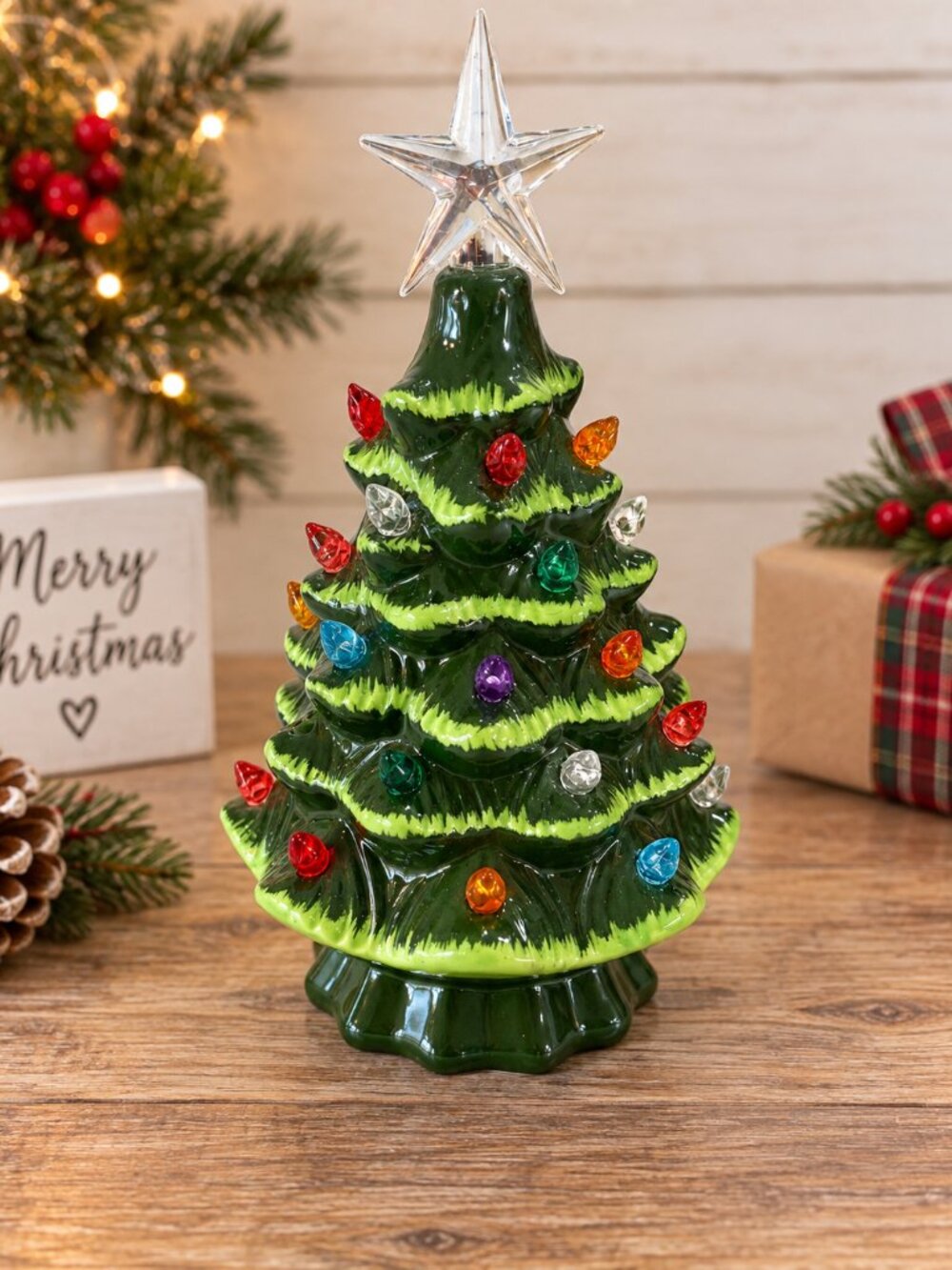 Vintage Style Ceramic Christmas Tree Multicolor Lights 7” Battery Operated